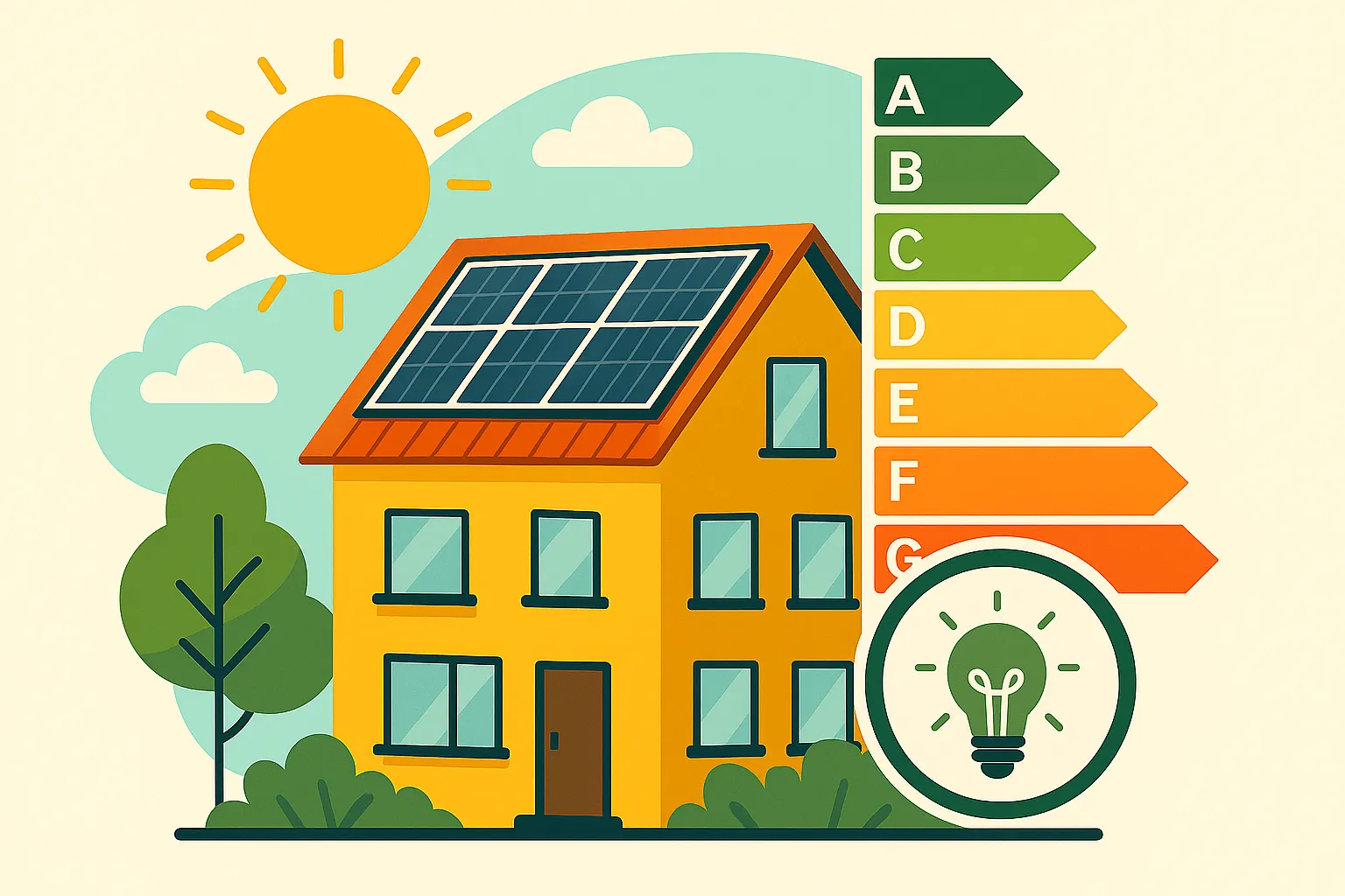 Casa con paneles solares y certificación energética, mostrando eficiencia desde A (verde) hasta G (rojo).
