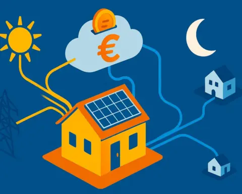 Ilustración conceptual de la batería virtual de Naturgy, donde la energía sobrante de una casa se almacena en una nube para pagar facturas de luz nocturnas o de una segunda residencia.
