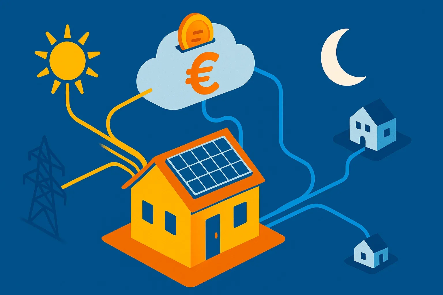 Ilustración conceptual de la batería virtual de Naturgy, donde la energía sobrante de una casa se almacena en una nube para pagar facturas de luz nocturnas o de una segunda residencia.