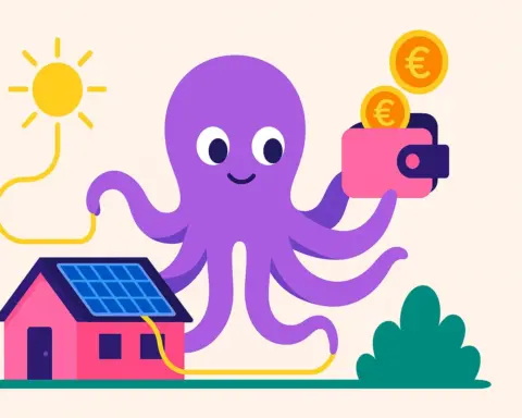 Ilustración del pulpo de Octopus Energy guardando el valor de los excedentes solares en una cartera virtual (Solar Wallet), simbolizando su sistema de compensación.