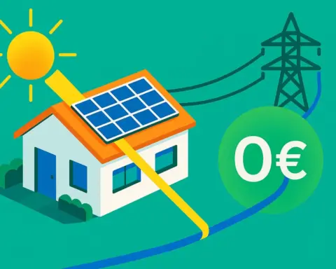 Ilustración conceptual de Plenitude Solar Free, donde una casa con placas solares envía excedentes a la red y recibe a cambio energía de consumo a coste cero.