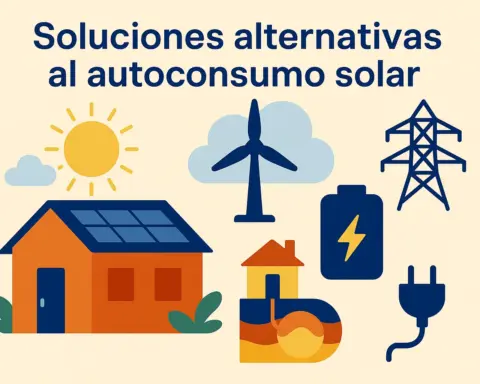 Ilustración de alternativas al autoconsumo solar eólica, geotermia, biomasa, baterías y energía verde