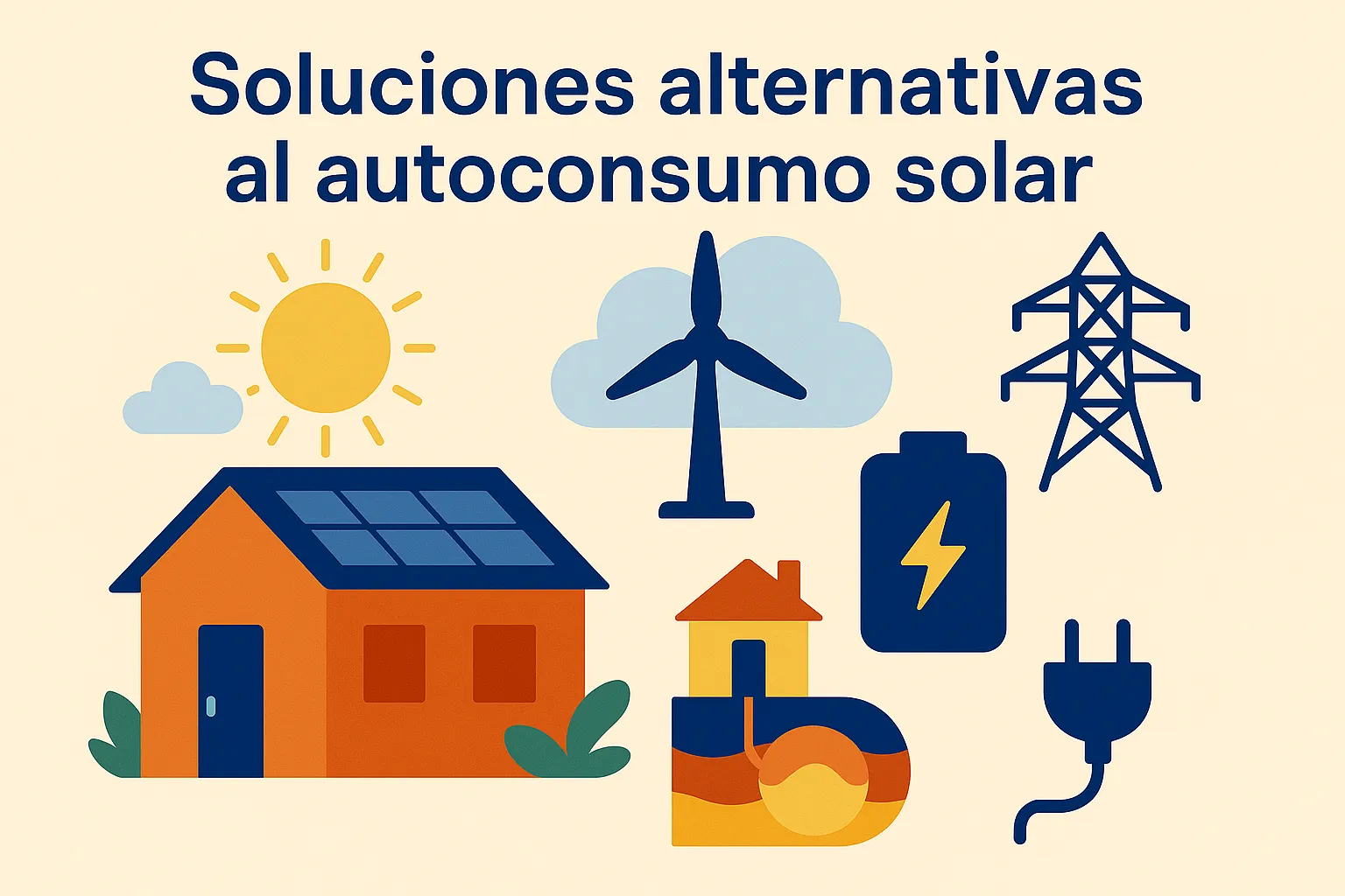 Ilustración de alternativas al autoconsumo solar eólica, geotermia, biomasa, baterías y energía verde