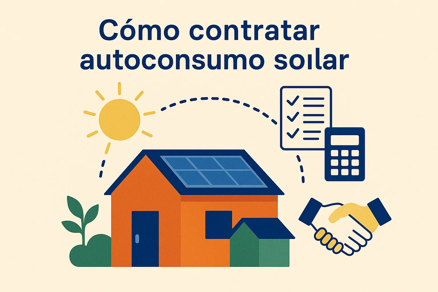 Ilustración de casa con paneles solares, sol, checklist, calculadora y apretón de manos en estilo plano