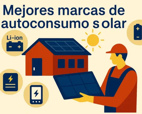 Ilustración de casa con placas solares y técnico mostrando componentes de autoconsumo solar