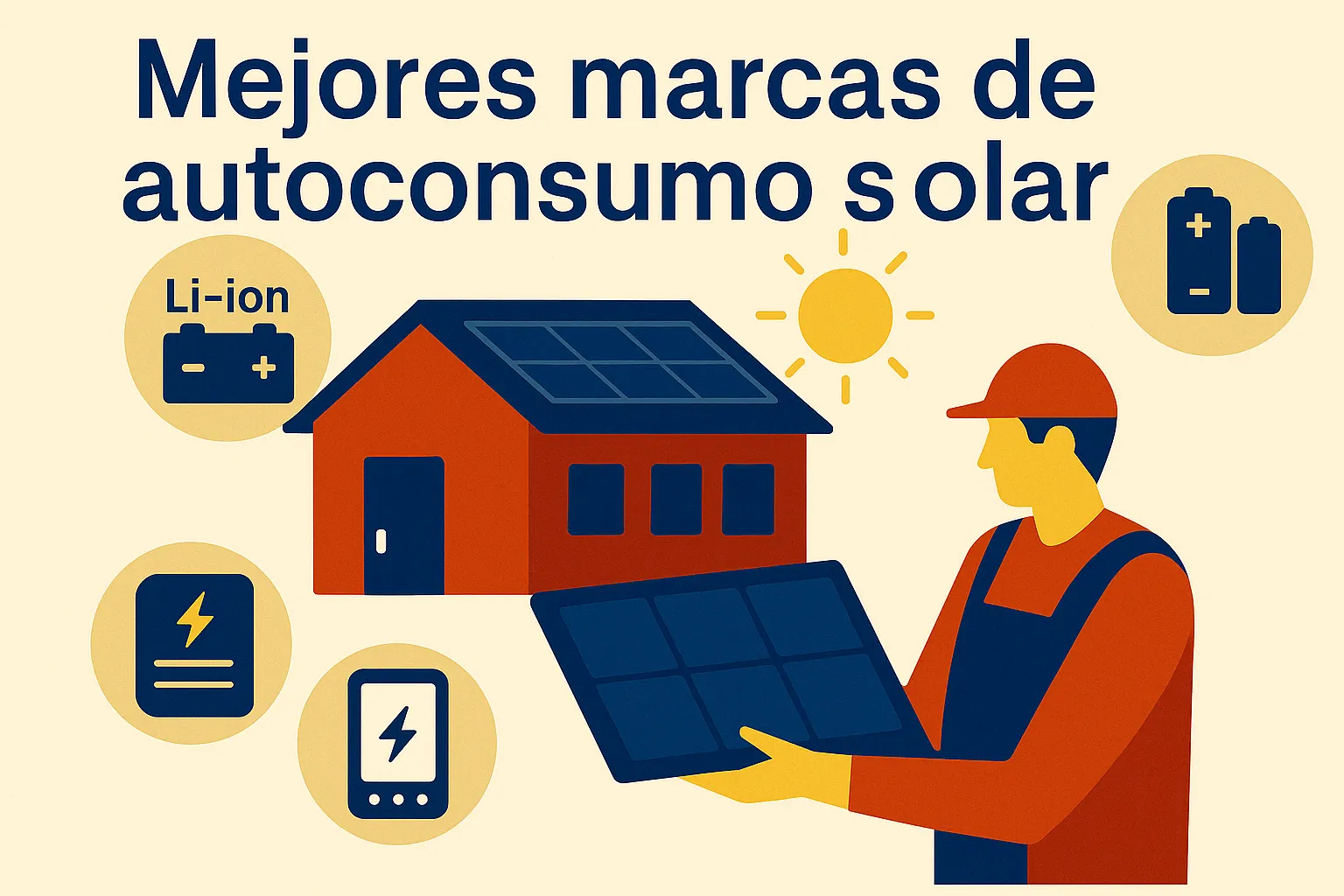 Ilustración de casa con placas solares y técnico mostrando componentes de autoconsumo solar