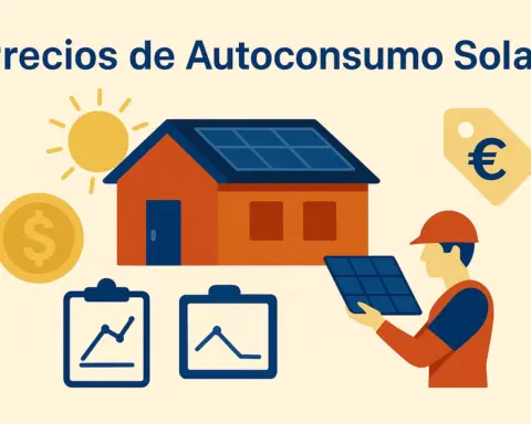 Ilustración de precios del autoconsumo solar con casa, paneles, iconos de euro y gráficos de coste