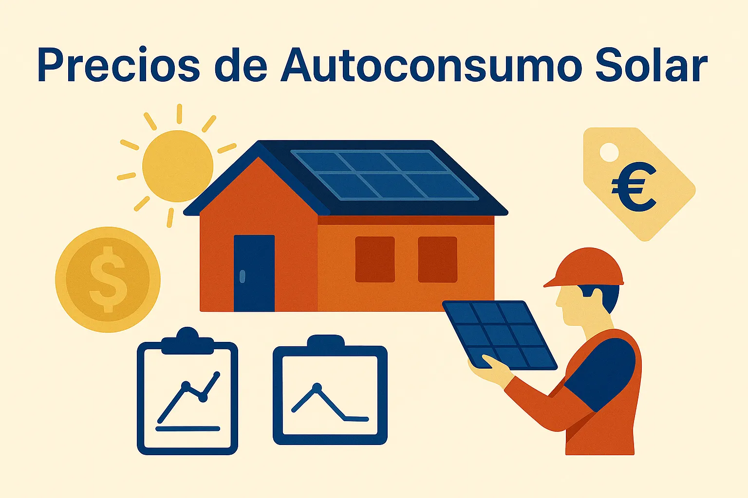 Ilustración de precios del autoconsumo solar con casa, paneles, iconos de euro y gráficos de coste