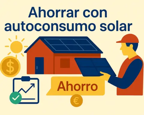 Ilustración de una casa con paneles solares y símbolos de ahorro económico por autoconsumo solar
