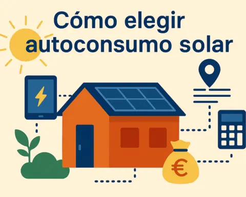 Ilustración digital de cómo elegir autoconsumo solar, destacando la casa, energía, ubicación y costes