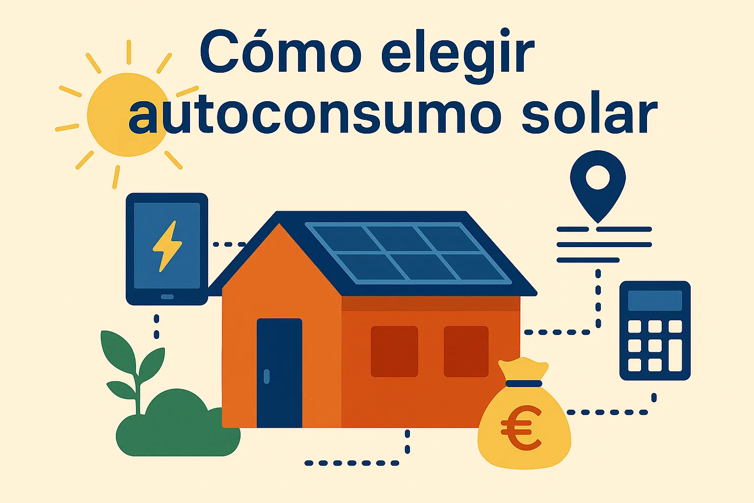 Ilustración digital de cómo elegir autoconsumo solar, destacando la casa, energía, ubicación y costes