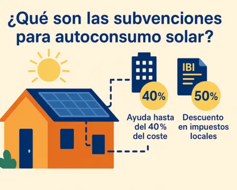 Ilustración digital en estilo plano mostrando una casa con panel solar, conectada a iconos de ayudas fiscales