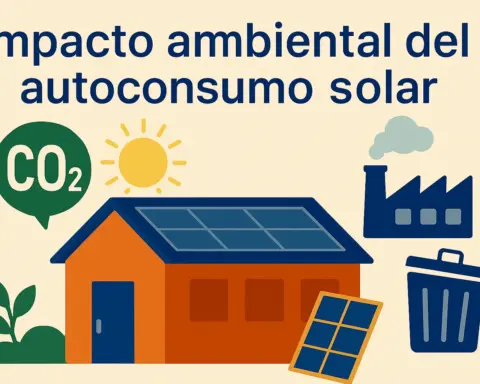 Ilustración digital sobre el impacto ambiental del autoconsumo solar, con una casa, paneles solares y símbolos de CO2 y residuos