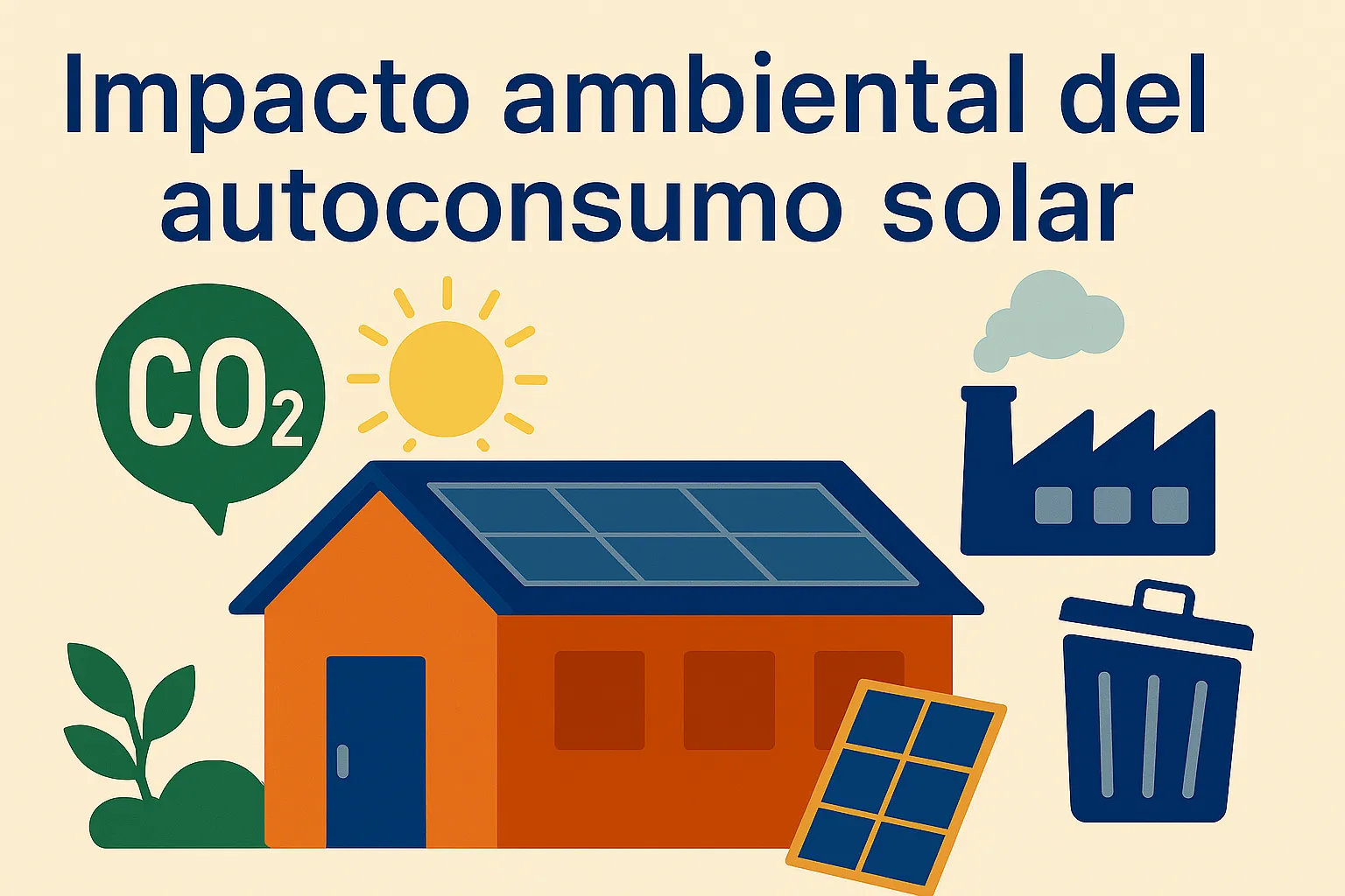 Ilustración digital sobre el impacto ambiental del autoconsumo solar, con una casa, paneles solares y símbolos de CO2 y residuos