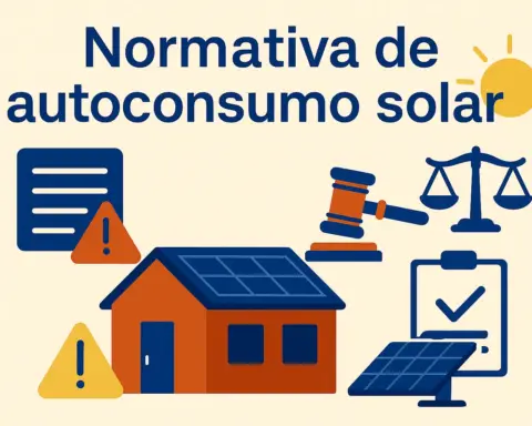 Ilustración horizontal con casa solar, balanza, gavel y documentos que simbolizan la normativa solar 2025