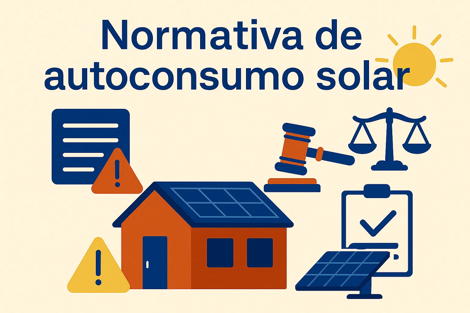 Ilustración horizontal con casa solar, balanza, gavel y documentos que simbolizan la normativa solar 2025
