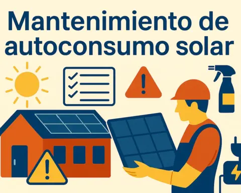 Ilustración sobre mantenimiento de autoconsumo solar con casa, técnico, paneles e iconos de revisión