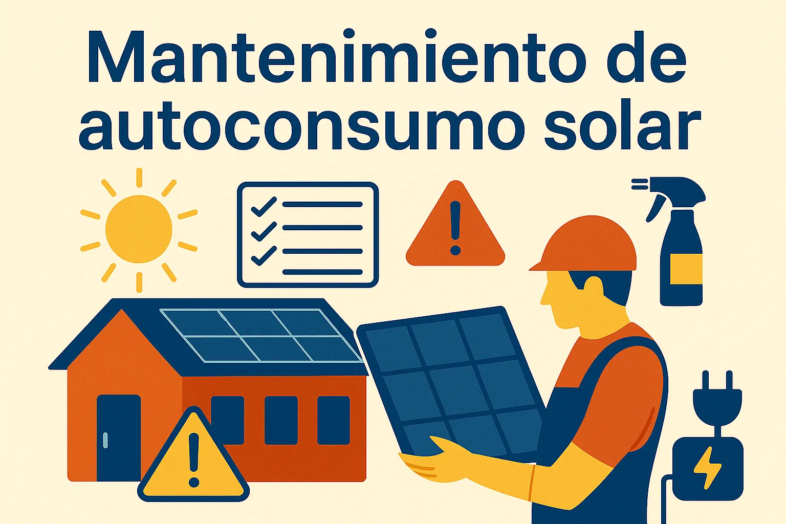 Ilustración sobre mantenimiento de autoconsumo solar con casa, técnico, paneles e iconos de revisión