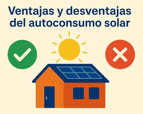 Infografía comparativa de ventajas y desventajas del autoconsumo solar, con una casa y símbolos de ventajas y desventajas