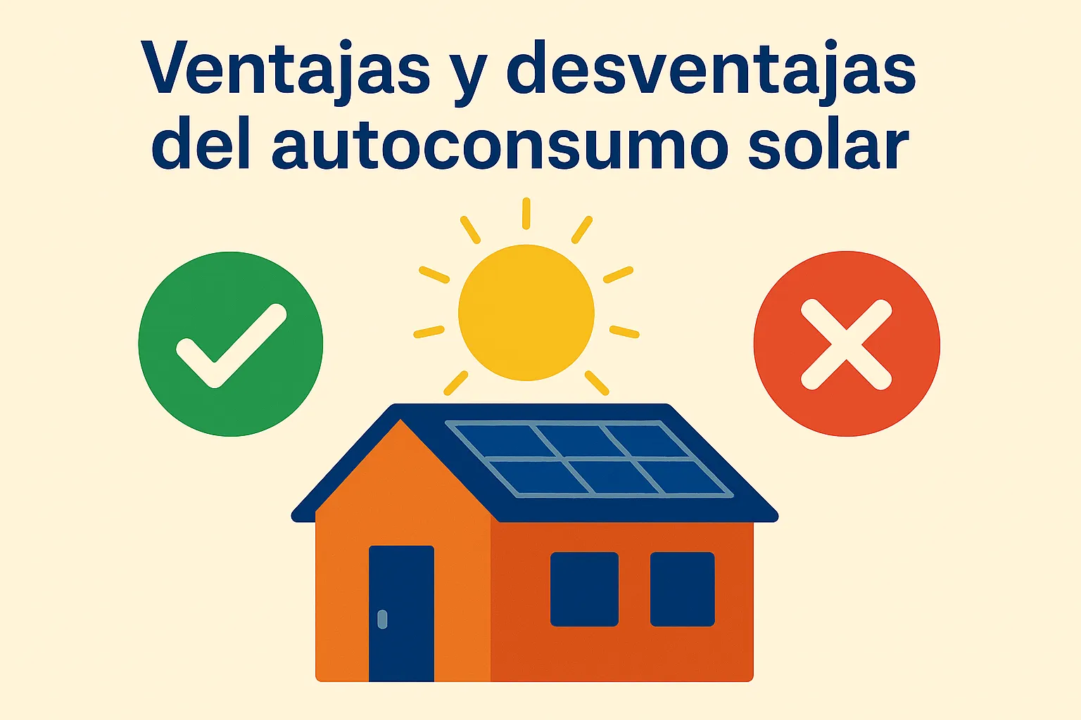 Infografía comparativa de ventajas y desventajas del autoconsumo solar, con una casa y símbolos de ventajas y desventajas