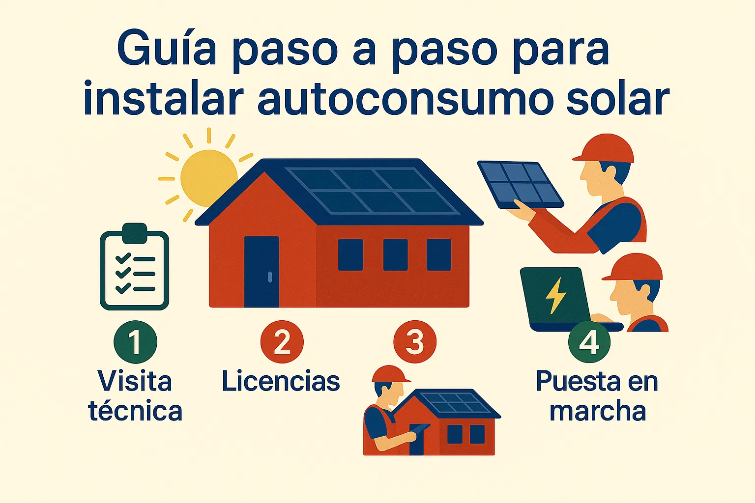 Infografía con casa solar y cuatro pasos visita técnica, licencias, instalación y puesta en marcha