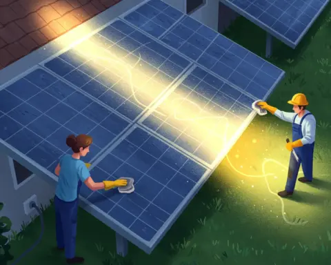 Ilustración de dos personas limpiando un panel solar en un tejado, mostrando cómo un panel limpio produce más energía que uno sucio.