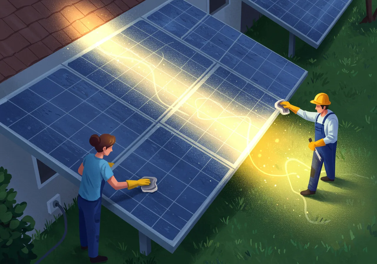 Ilustración de dos personas limpiando un panel solar en un tejado, mostrando cómo un panel limpio produce más energía que uno sucio.