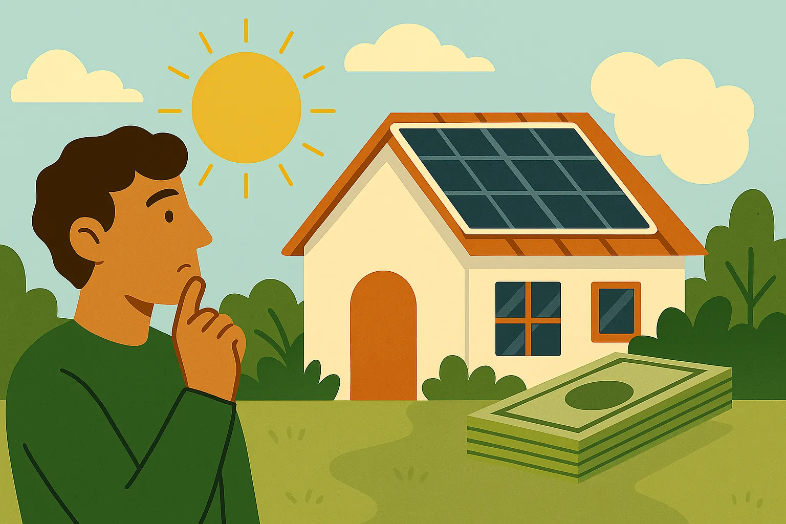 Persona pensando frente a casa con paneles solares y billetes, evaluando opciones de autoconsumo bajo un sol brillante.