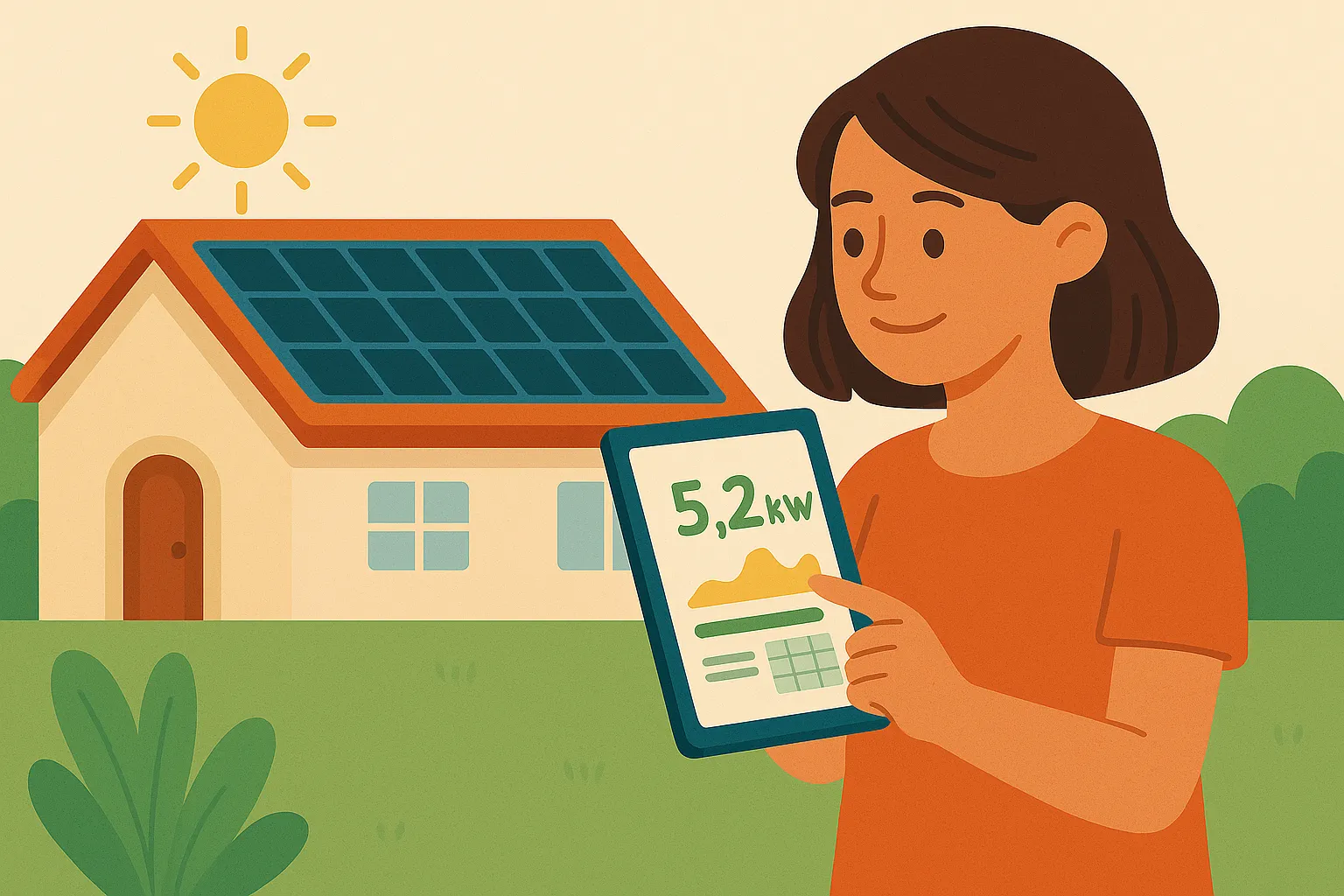 Mujer con tablet en jardín observa datos solares, con casa al fondo equipada con placas solares y puerta visible.
