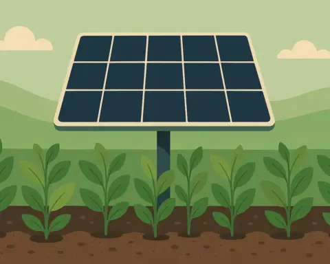 Panel solar elevado sobre cultivos en campo verde con fondo de colinas y cielo claro.