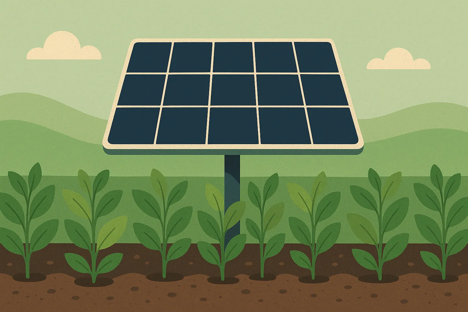 Panel solar elevado sobre cultivos en campo verde con fondo de colinas y cielo claro.