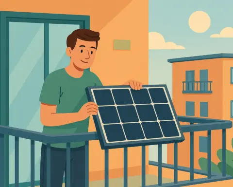 Joven instalando una placa solar en el balcón de un edificio bajo el sol.