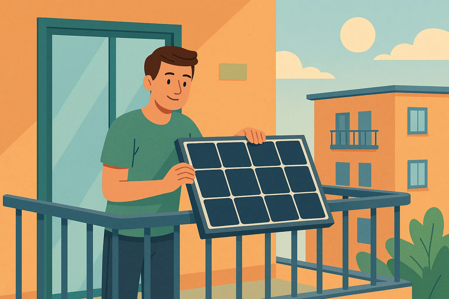 Joven instalando una placa solar en el balcón de un edificio bajo el sol.