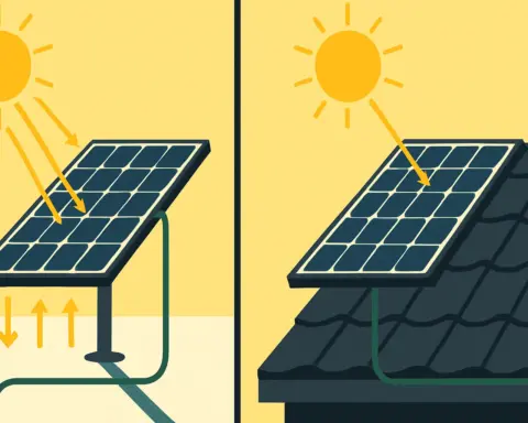 Ilustración comparativa de una placa solar bifacial: en una superficie blanca produce mucha energía por ambas caras, mientras que en un tejado oscuro apenas aprovecha la cara inferior.