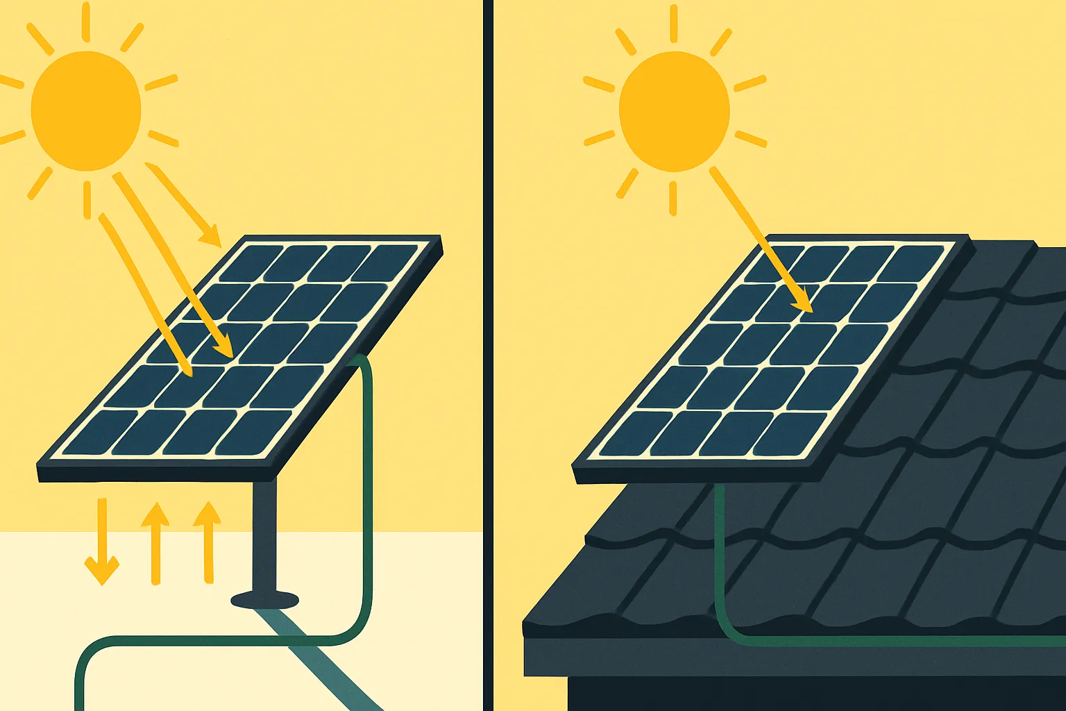 Ilustración comparativa de una placa solar bifacial: en una superficie blanca produce mucha energía por ambas caras, mientras que en un tejado oscuro apenas aprovecha la cara inferior.