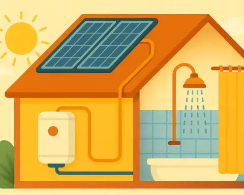 Sistema solar térmico en casa para calentar agua, con paneles solares conectados a calentador y ducha