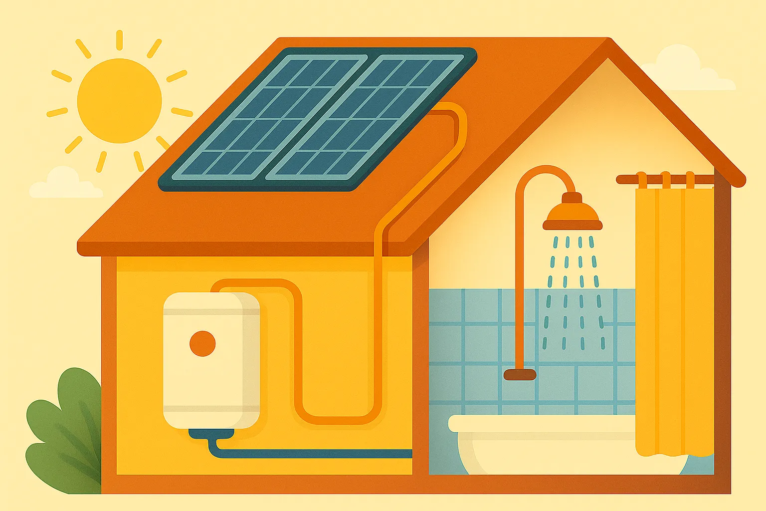 Sistema solar térmico en casa para calentar agua, con paneles solares conectados a calentador y ducha