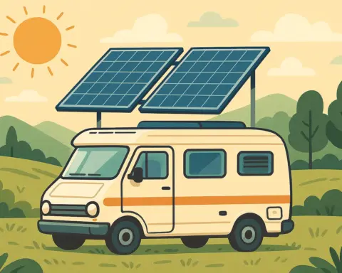 Furgoneta camper con paneles solares desplegados en un entorno natural soleado y montañoso.