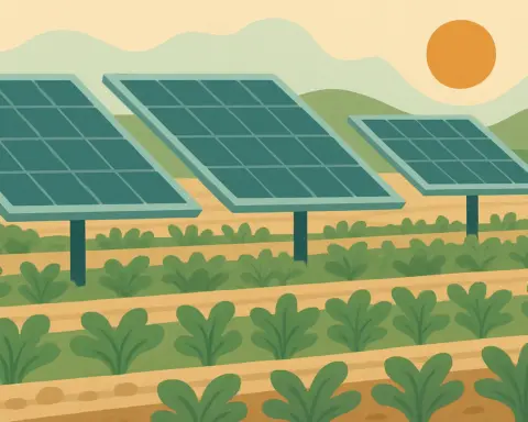 Paneles solares elevados sobre cultivos en un campo agrícola al atardecer, ilustrando agrovoltaica.