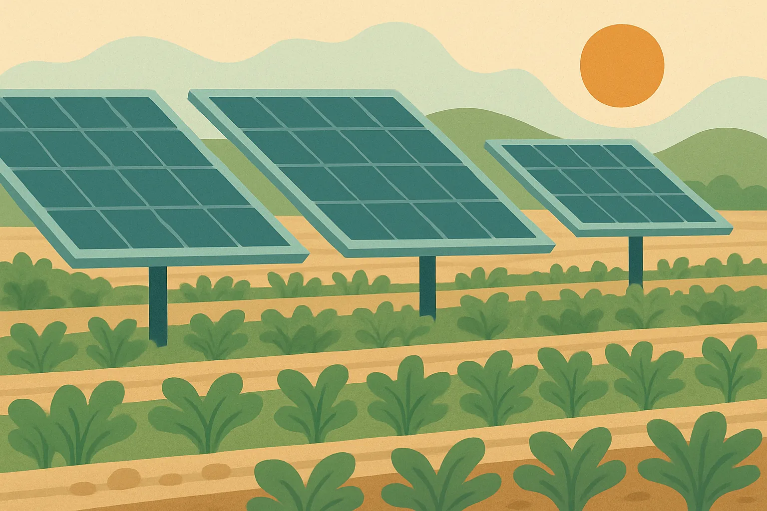 Paneles solares elevados sobre cultivos en un campo agrícola al atardecer, ilustrando agrovoltaica.