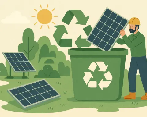 Técnico reciclando panel solar usado en contenedor verde con símbolo de reciclaje, bajo el sol en un entorno natural.