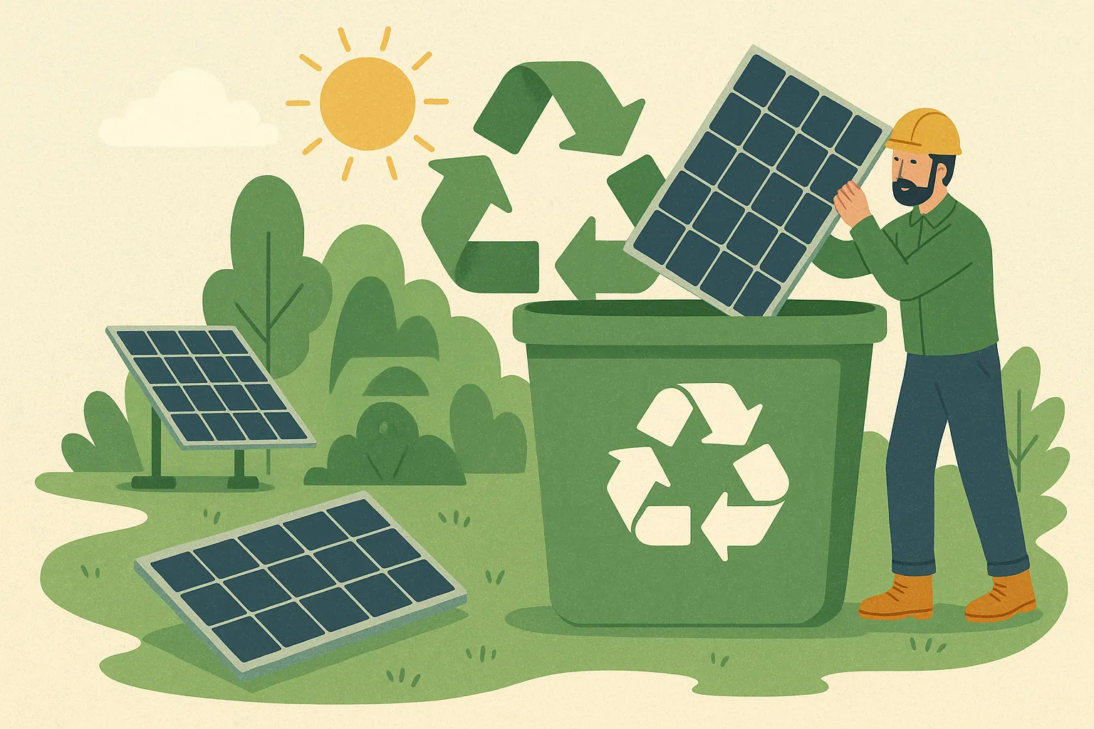 Técnico reciclando panel solar usado en contenedor verde con símbolo de reciclaje, bajo el sol en un entorno natural.
