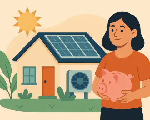 Mujer con hucha frente a casa con placas solares y aerotermia, representando ahorro energético.