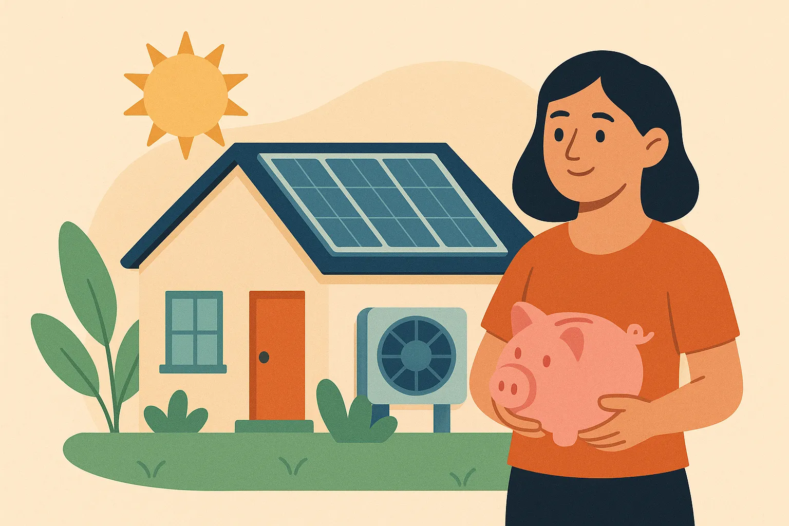 Mujer con hucha frente a casa con placas solares y aerotermia, representando ahorro energético.